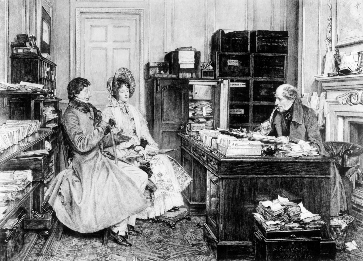I advokatkontoret, gravert av James Dobie (f.1849) av Walter Dendy Sadler