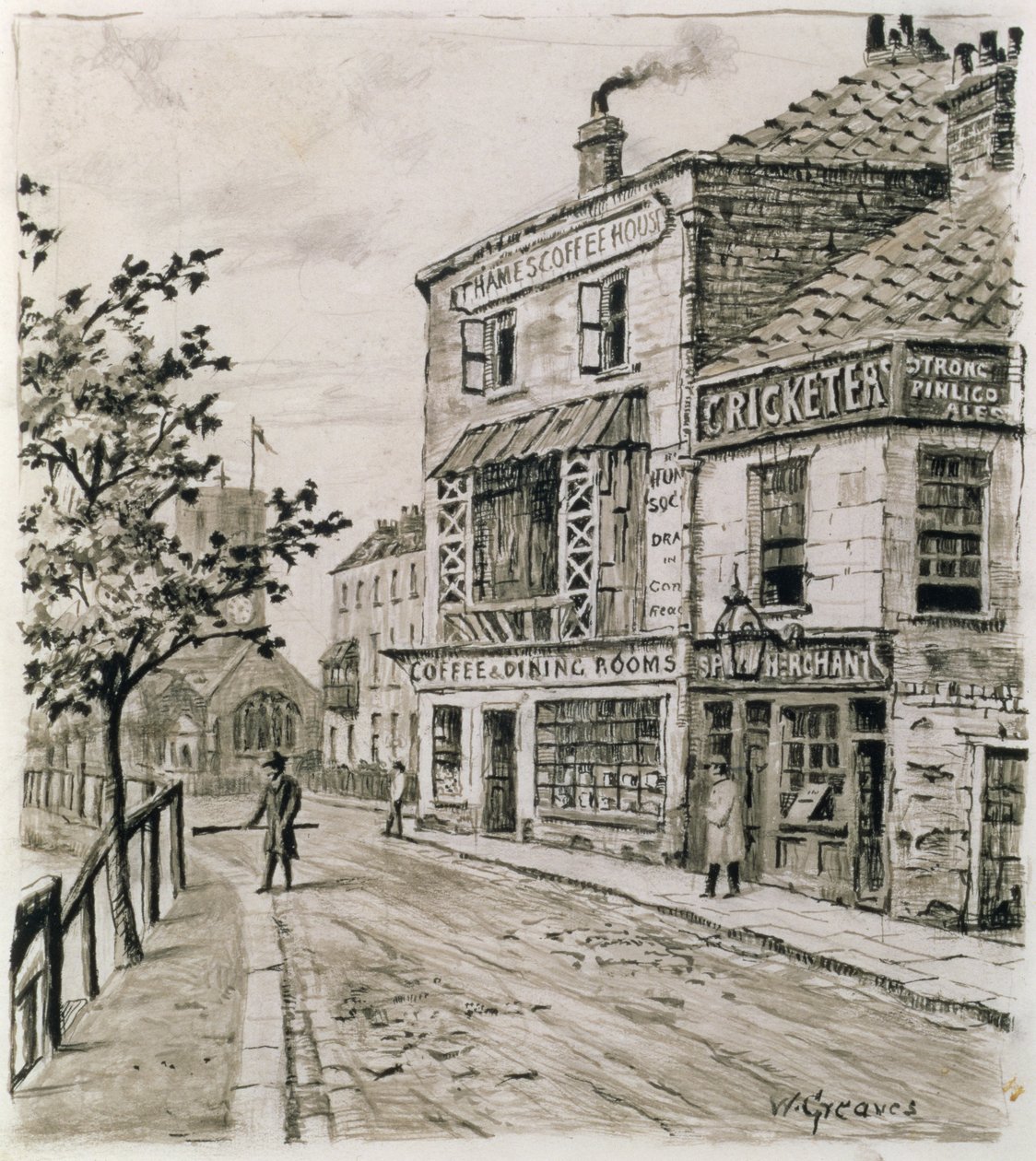 The Cricketers and the Thames Coffee House, Chelsea (blekk på papir) av Walter Greaves