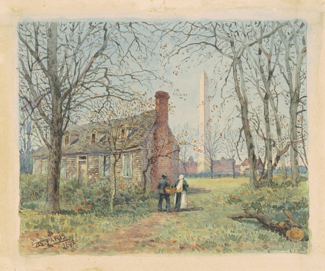 David Burnss Cottage and the Washington Monument, Washington D.C., 1892 (akvarell og grafitt på vevd papir) av Walter Paris