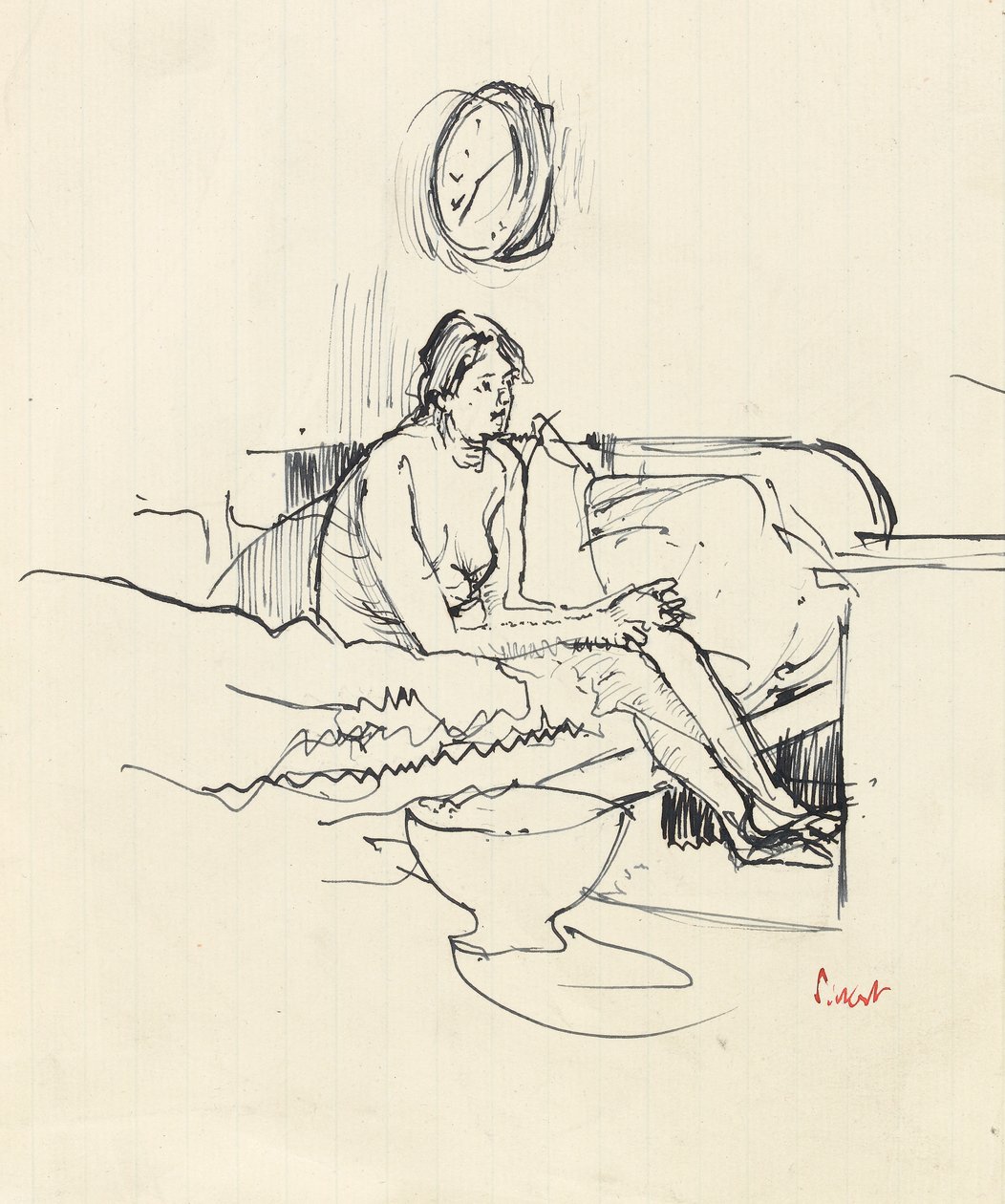Jente sitter på en seng (penn og blått blekk på papir) av Walter Richard Sickert