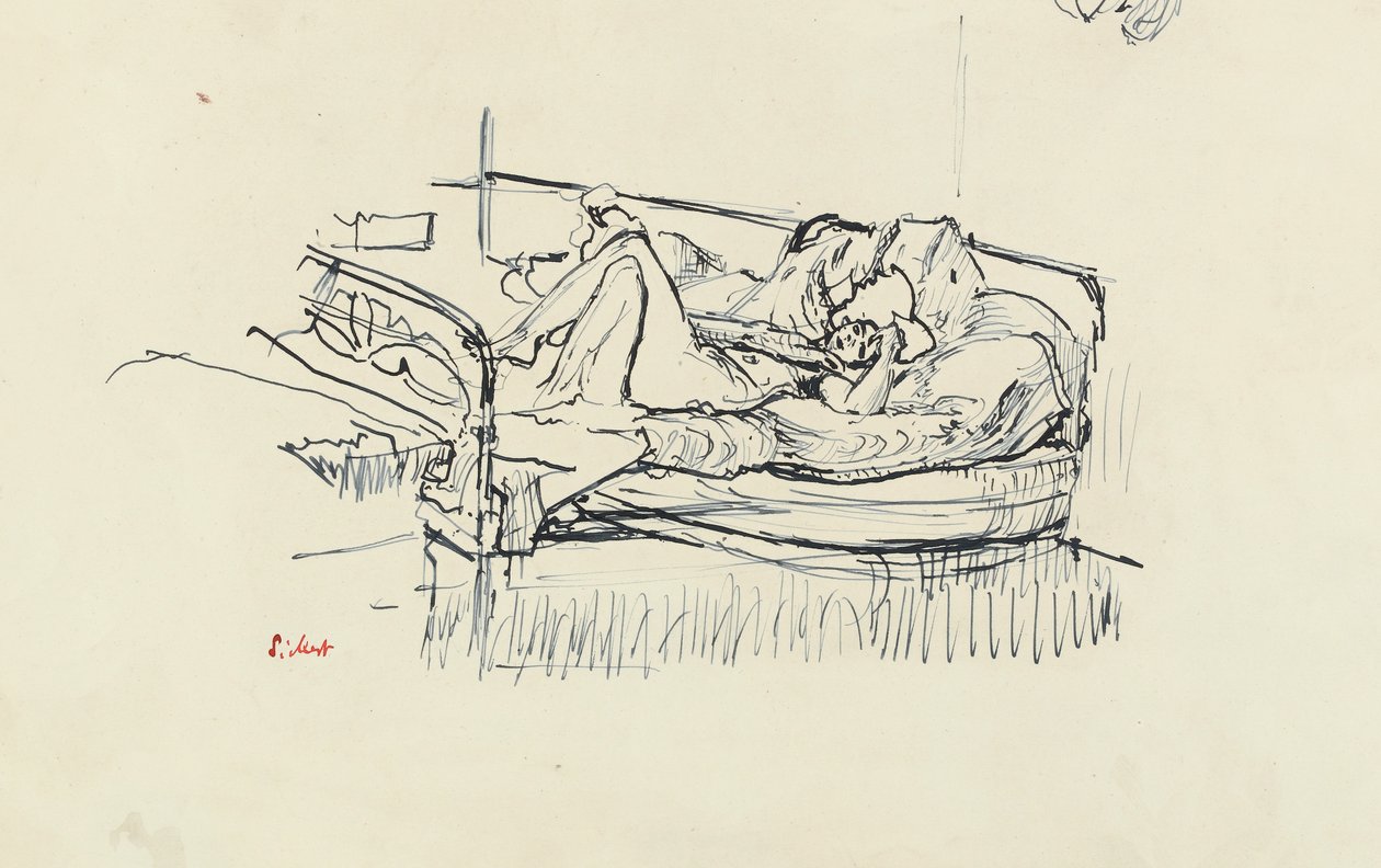 Naken liggende på en seng (penn og blått blekk på papir) av Walter Richard Sickert