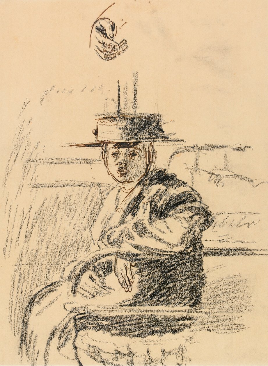 Sittende kvinne med en stråbåtfører (kull med penn og brunt blekk på papir) av Walter Richard Sickert