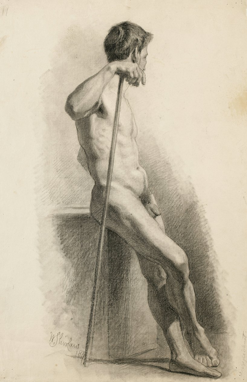 Studie av naken mann med stav, sett fra siden, 1871 (kull på brunfarget papir) av Walter Shirlaw