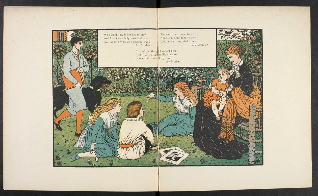 En familie i en hage. av Walter Crane