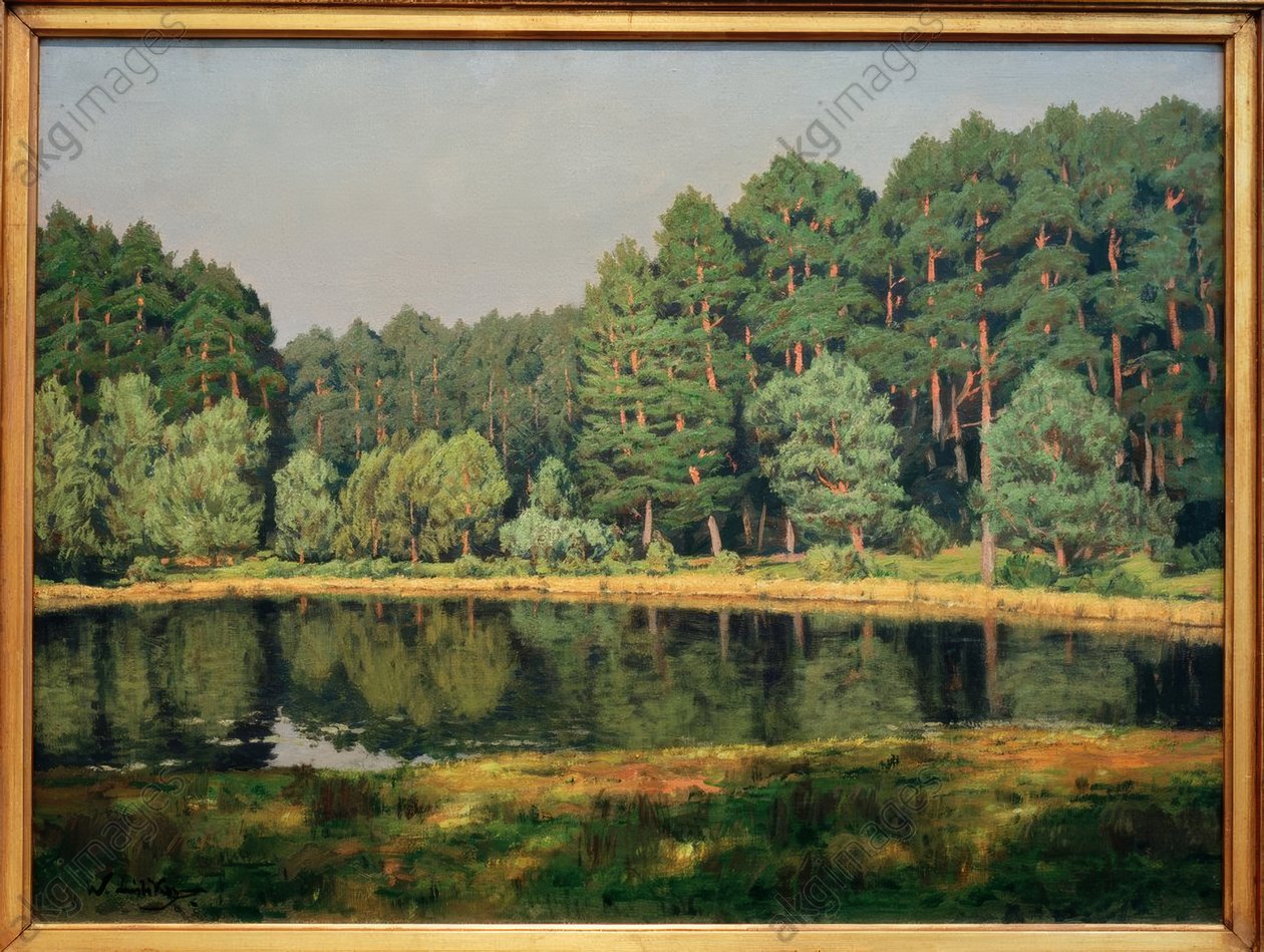 Skoglandskap med en innsjø i Brandenburg av Walter Leistikow