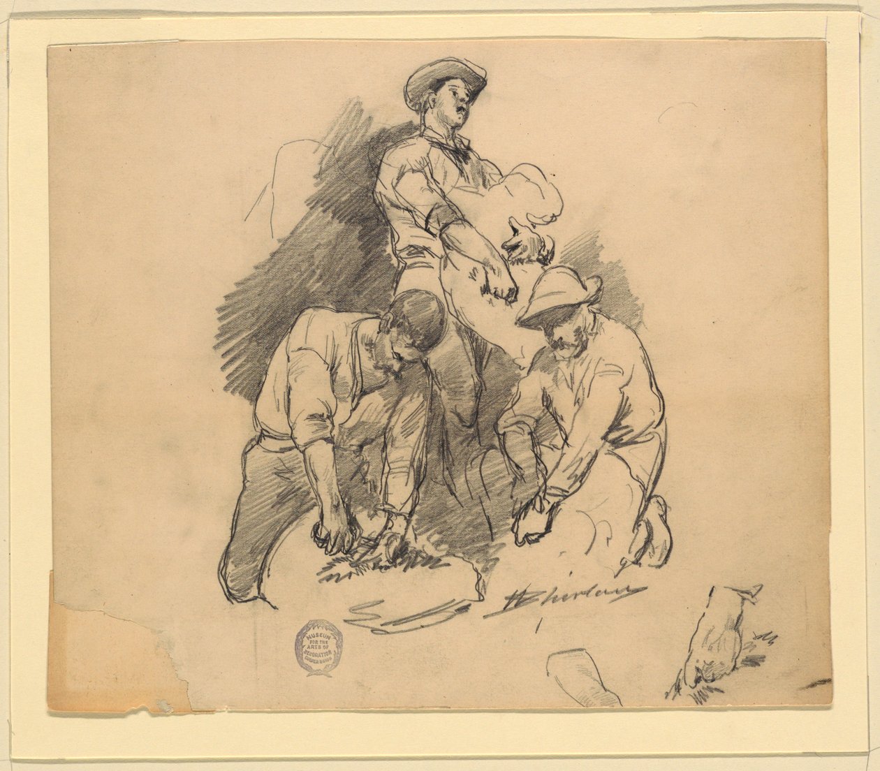 Tre menn ved en saueklipping av Walter Shirlaw