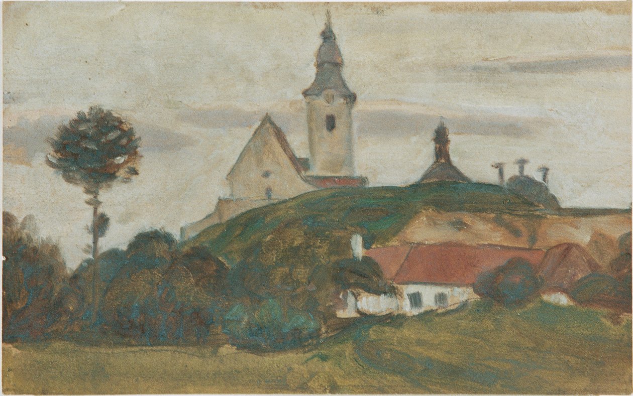 Landskap med kirke og landsby av Walther Gamerith