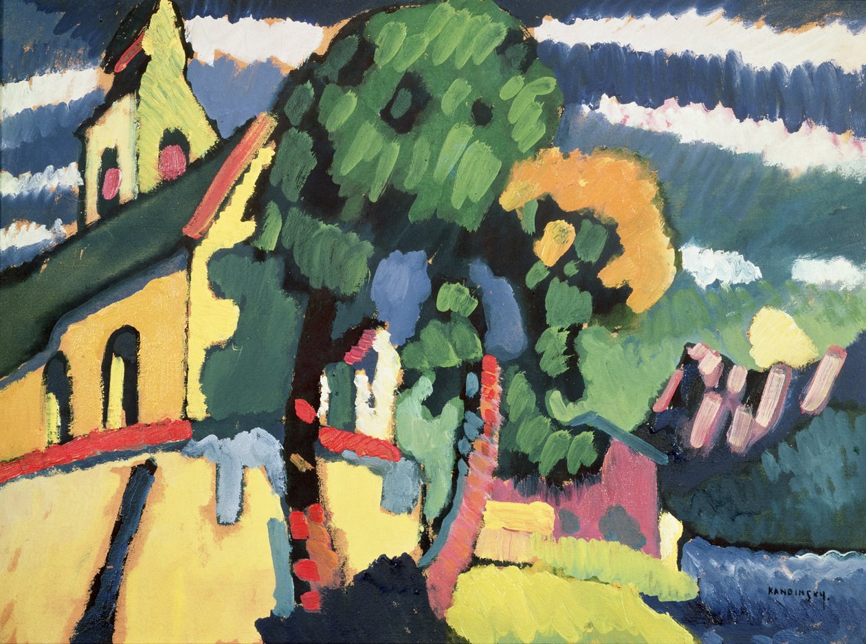 Bayersk landskap med en kirke (olje) av Wassily Kandinsky