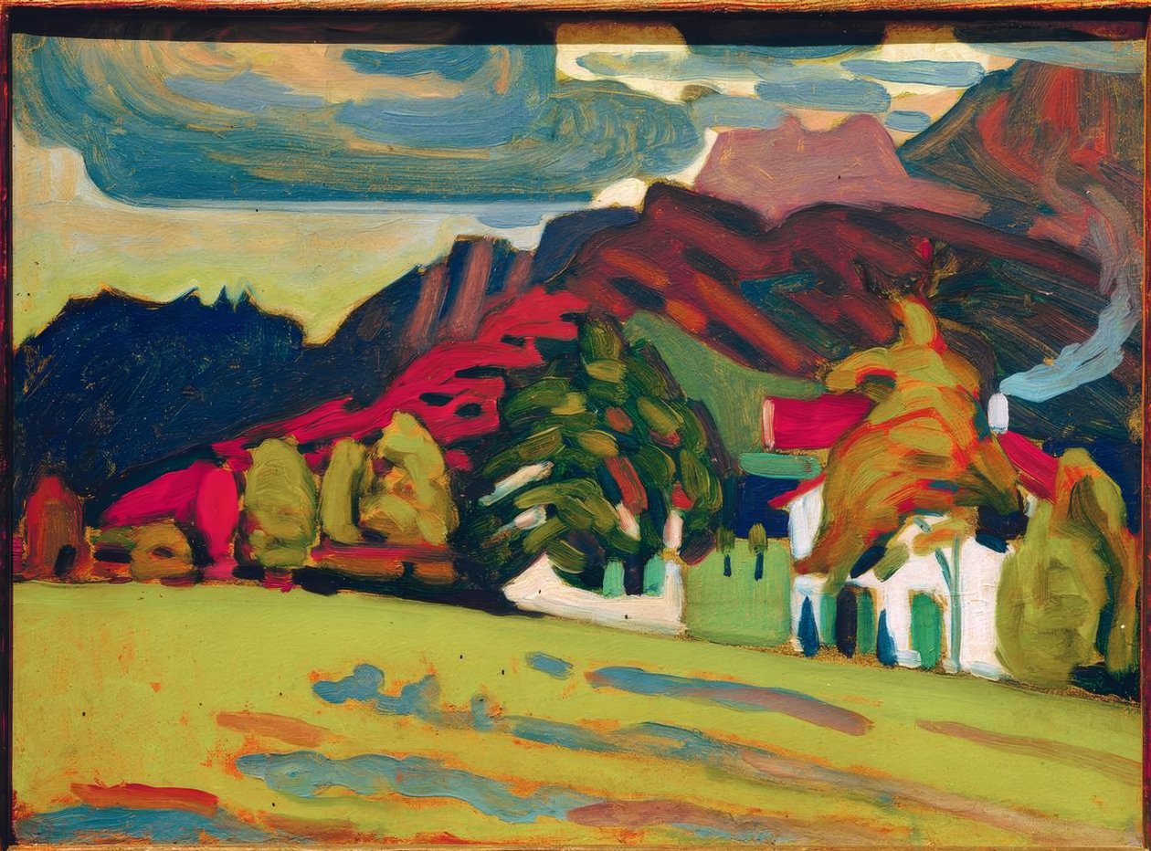 Gruppe med hus foran fjell av Wassily Kandinsky