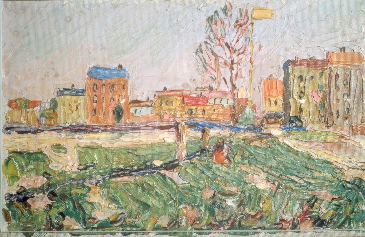 Bylandskap (solrik dag, Schwabing) av Wassily Kandinsky