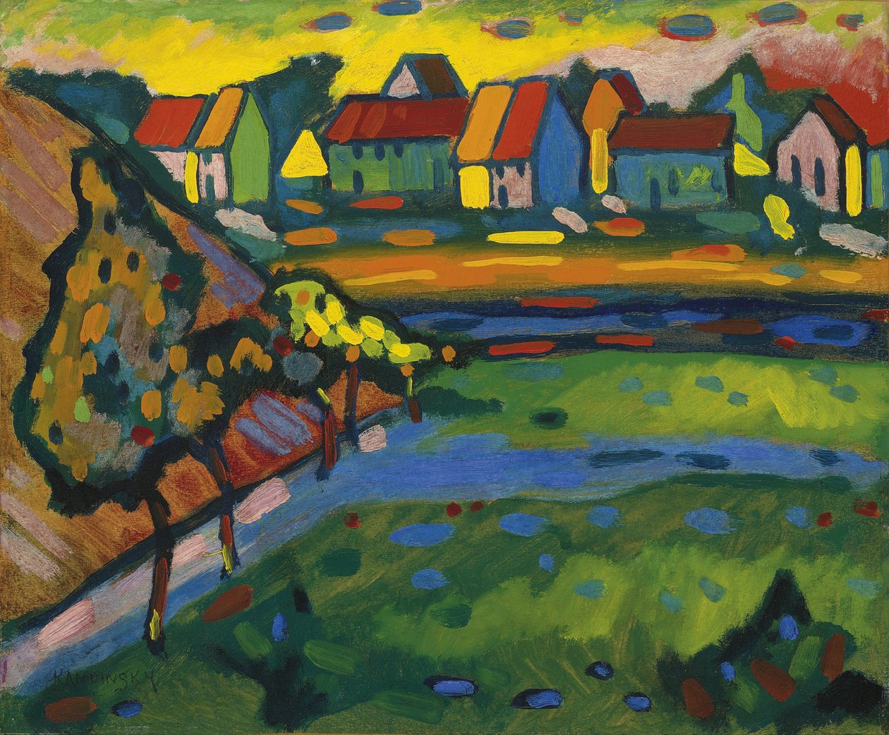 Bayersk landsby med åker, ca. 1908 av Wassily Kandinsky