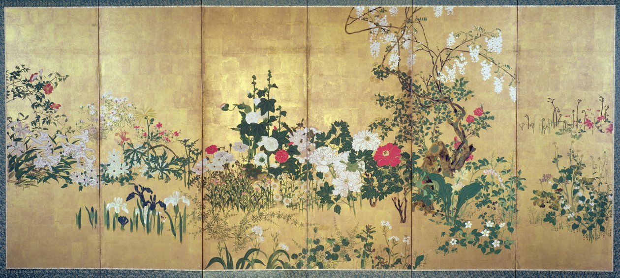 Flowers of the Four Seasons (blekk og wc på bladgullpapir) av Watanabe Shiko