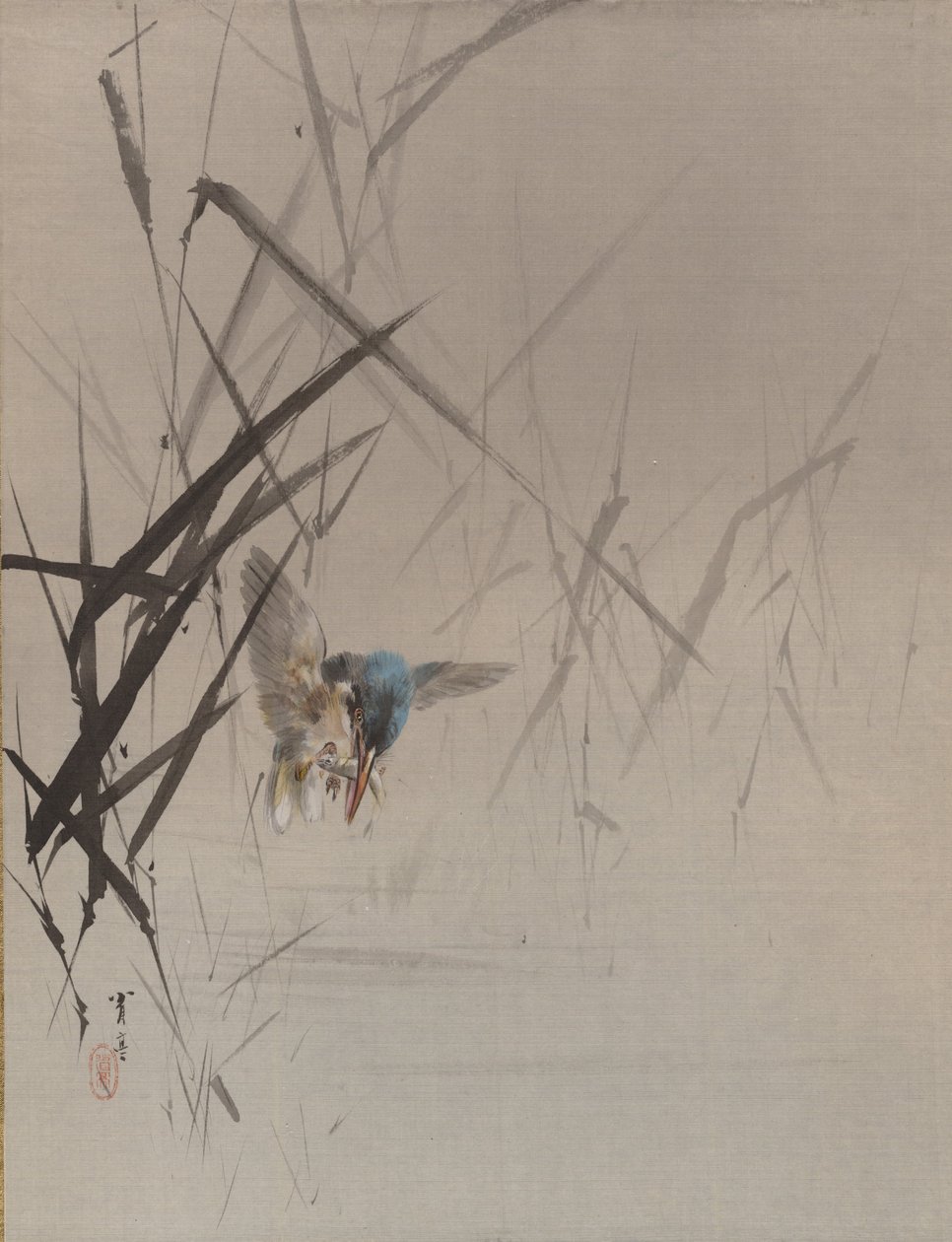 Fuglefangende fisk blant siv, ca. 1887. av Watanabe Seitei