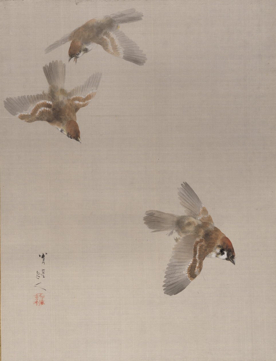 Sparrows Flying, ca. 1887. av Watanabe Seitei