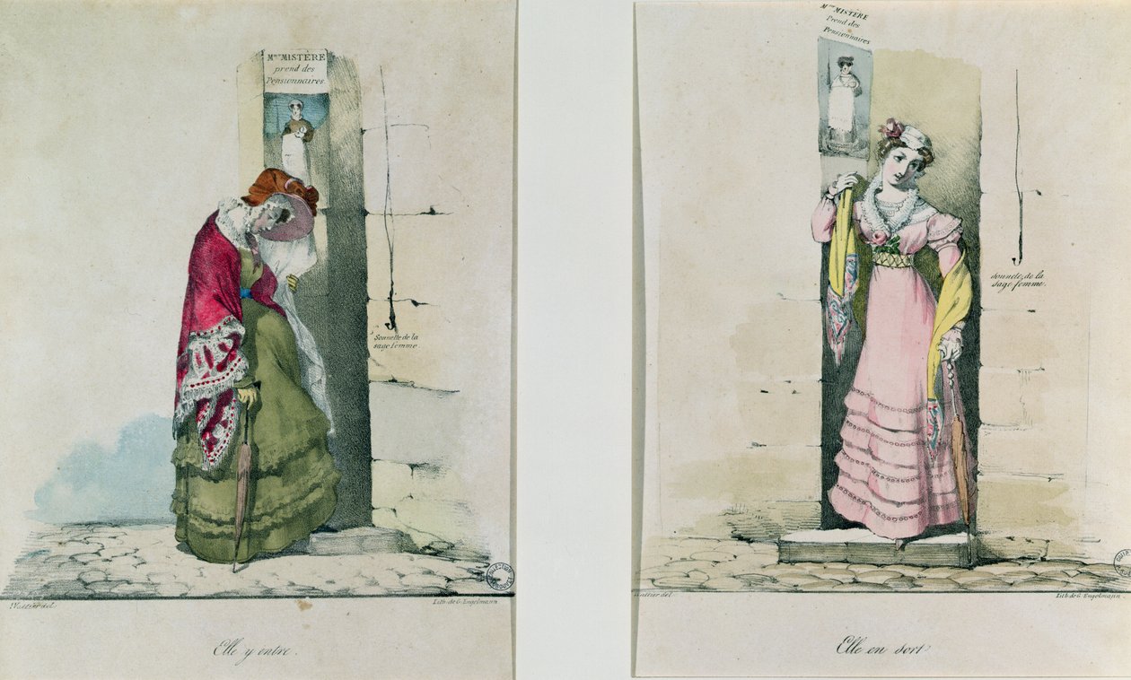 En kvinne som går inn og forlater en abortklinikk, gravert av Godefroy Engelmann (1788-1839) av Wattier