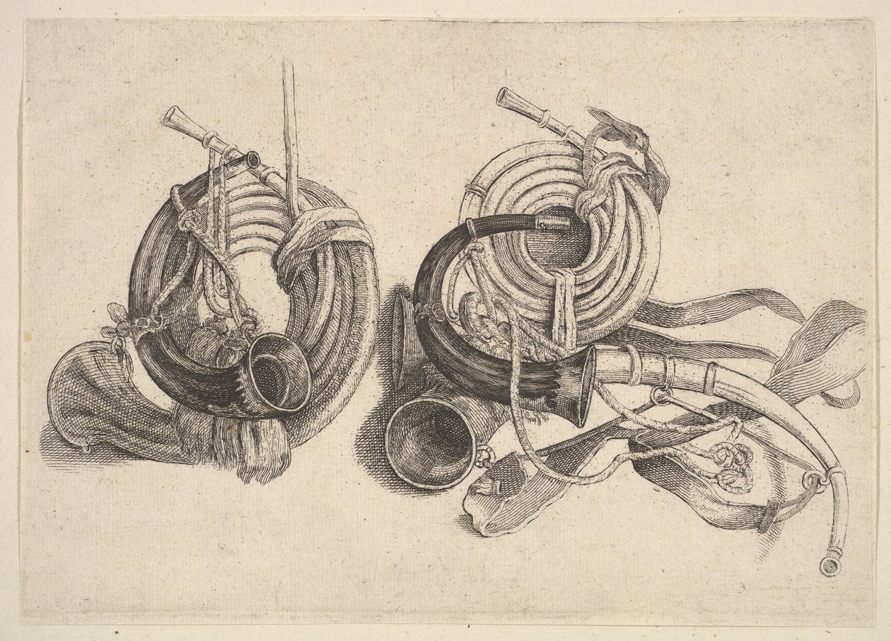 Fem jakthorn, 1625-77. av Wenceslaus Hollar