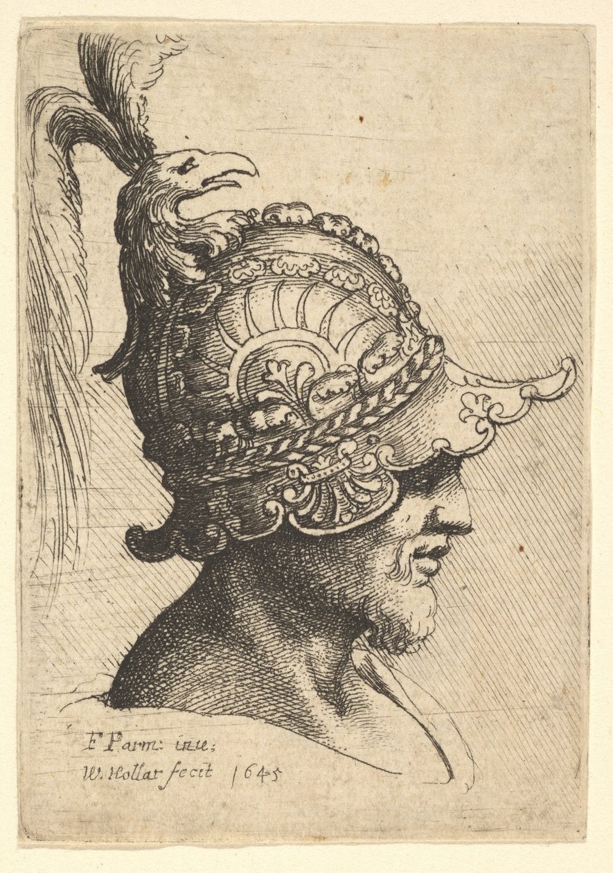 Hode med hjelm med fuglehode, 1645. av Wenceslaus Hollar
