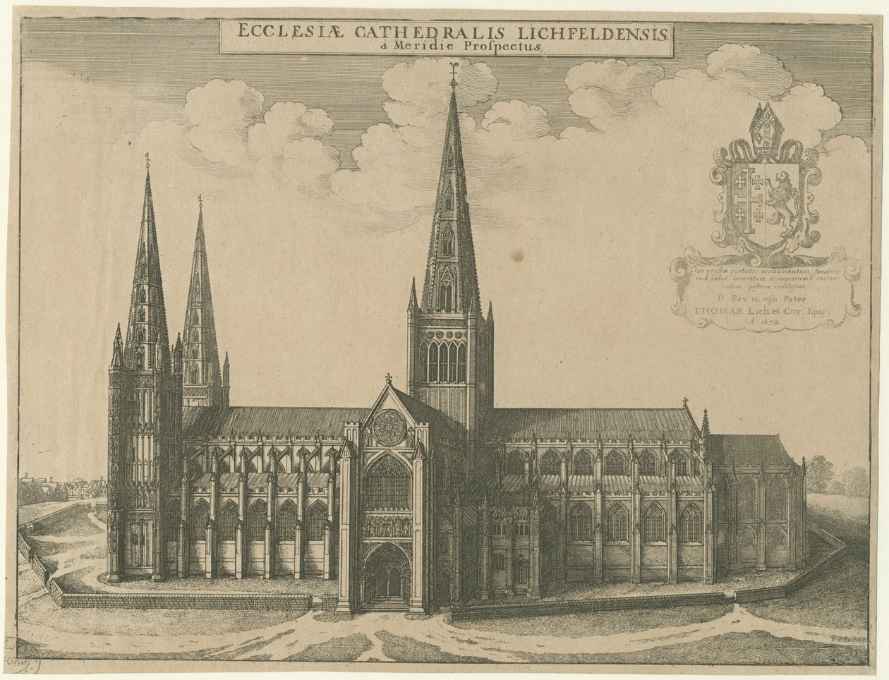 Lichfield Cathedral - South View: gravering av Wenceslaus Hollar