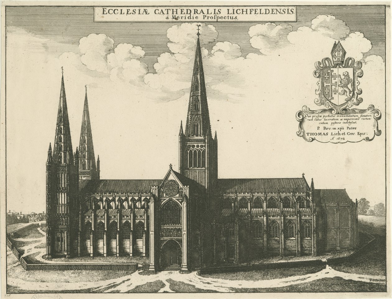 Lichfield Cathedral - South View: gravering, 1672 av Wenceslaus Hollar