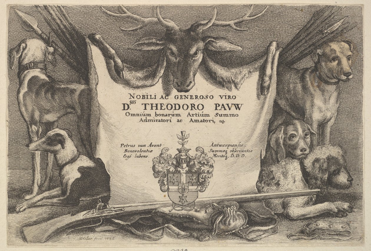 Tittelblad med hunder og jaktutstyr, 1646. av Wenceslaus Hollar