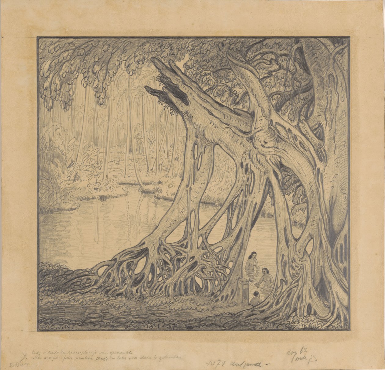 Tropisk skog med badende av Wijnand Otto Jan Nieuwenkamp