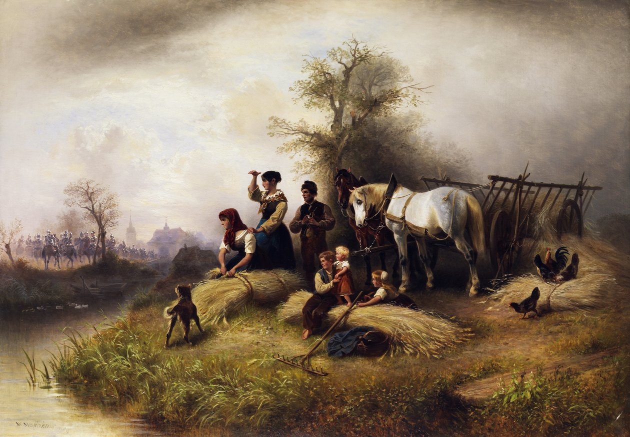 En bondes familie ved kornhøsten observerer et kavaleritog av Wilhelm Meyerheim