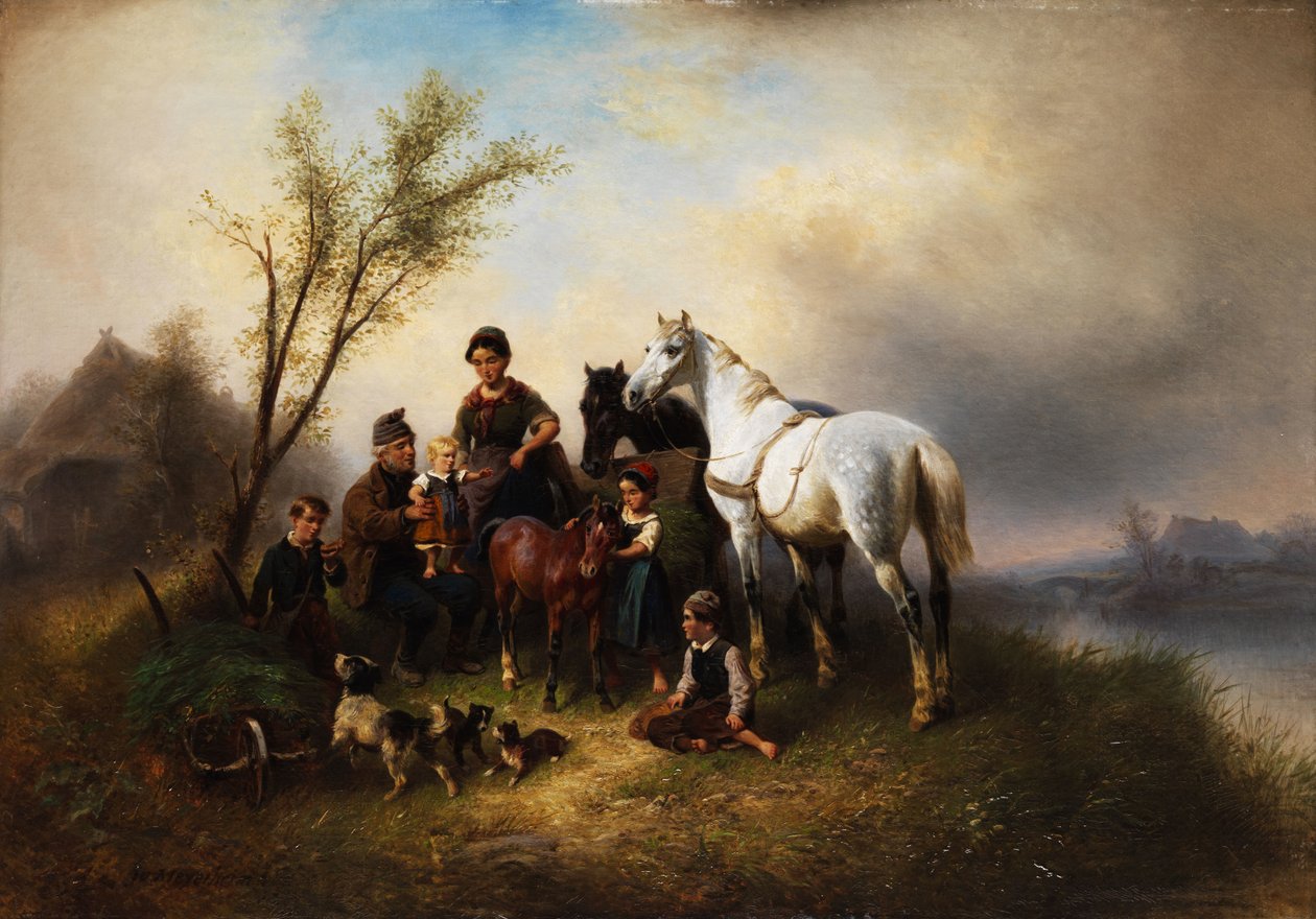 Bondefamilie ved elvebredden. av Wilhelm Meyerheim