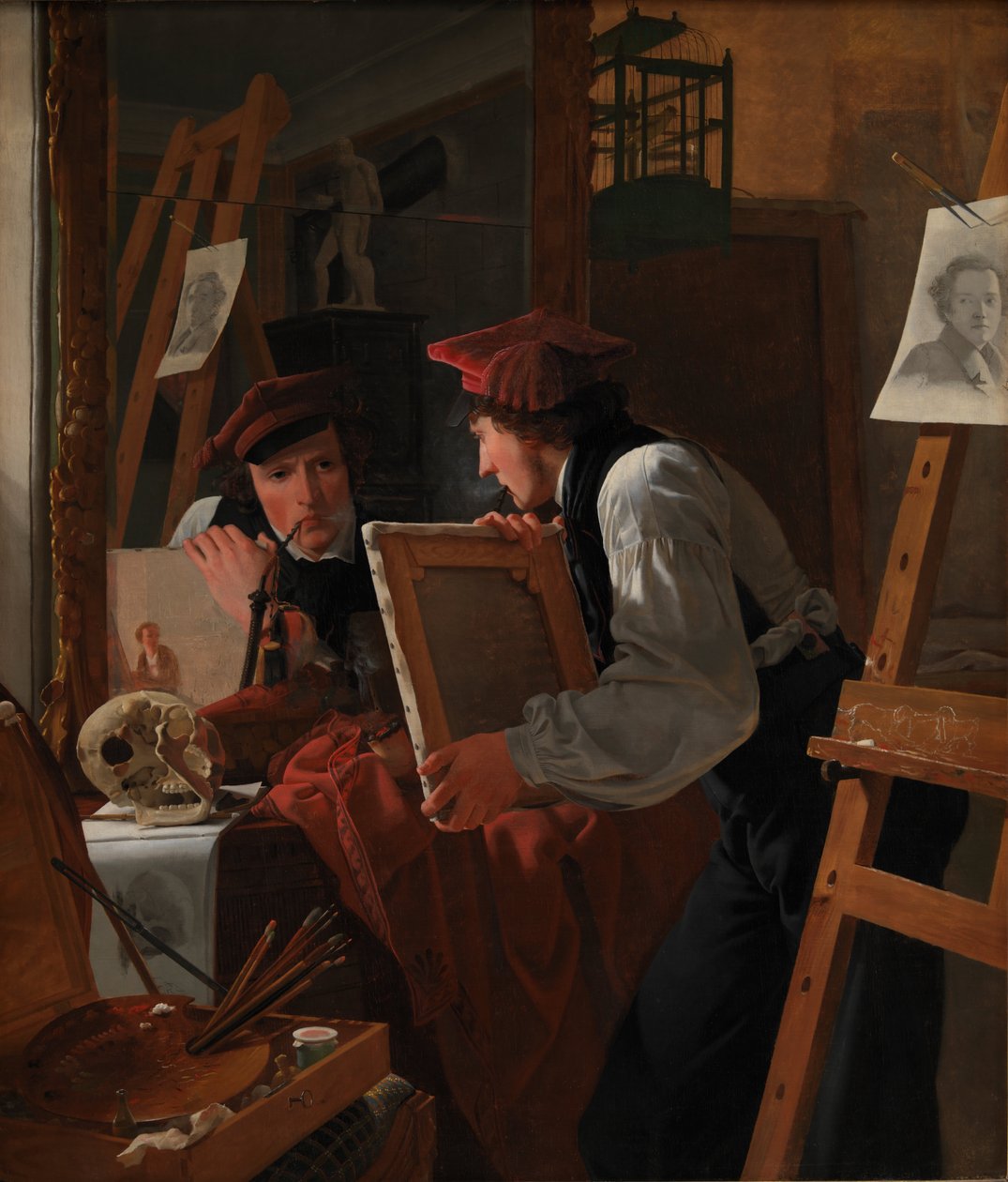 En ung kunstner (Ditlev Blunck) undersøker en skisse i et speil av Wilhelm Bendz