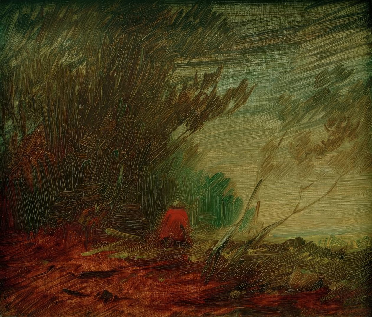 Høstkant av skog med en sittende rød jakke av Wilhelm Busch
