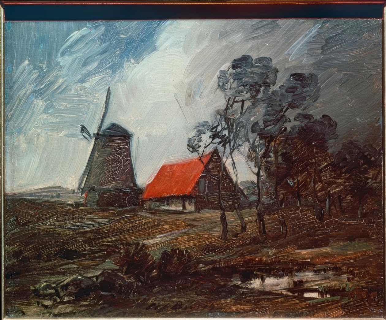 Høstlandskap med vindmølle og rødt hus av Wilhelm Busch