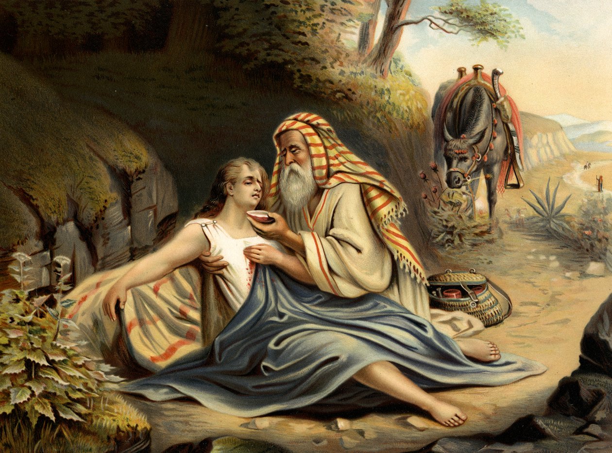 Den barmhjertige samaritan (farge litho) av Wilhelm Ebbinghaus