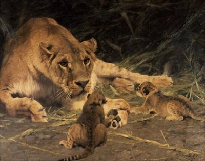 En løvinne og ungene hennes av Wilhelm Kuhnert