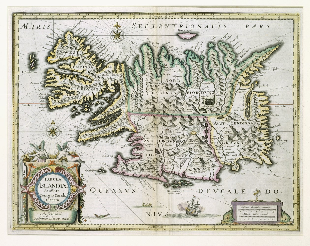 Kart over Island (fargegravering) av Willem Janszoon Blaeu