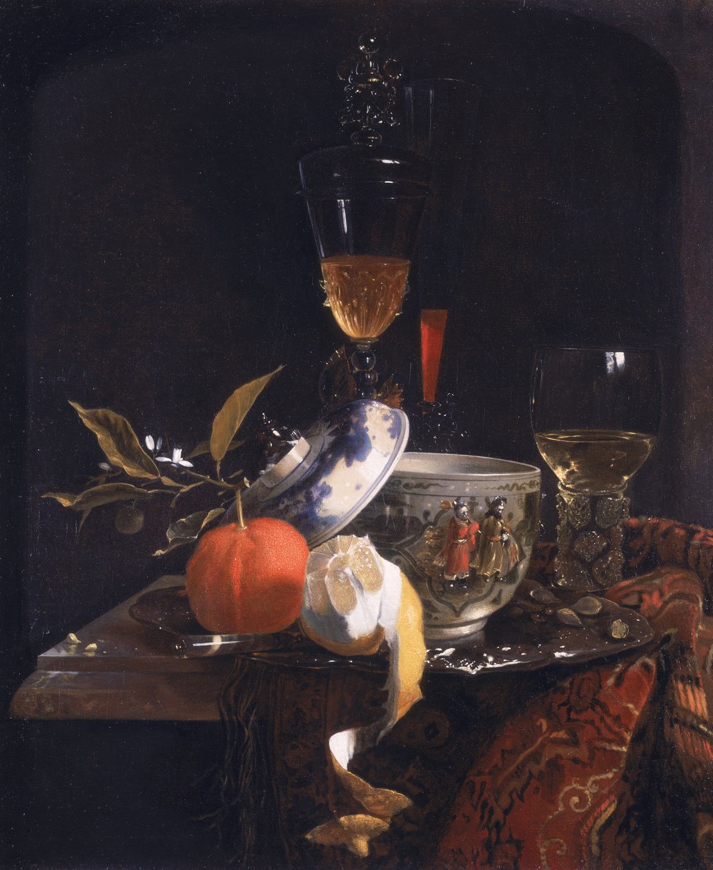 Stilleben med kinesisk sukkerkrukke, glassbeger og frukt av Willem Kalf
