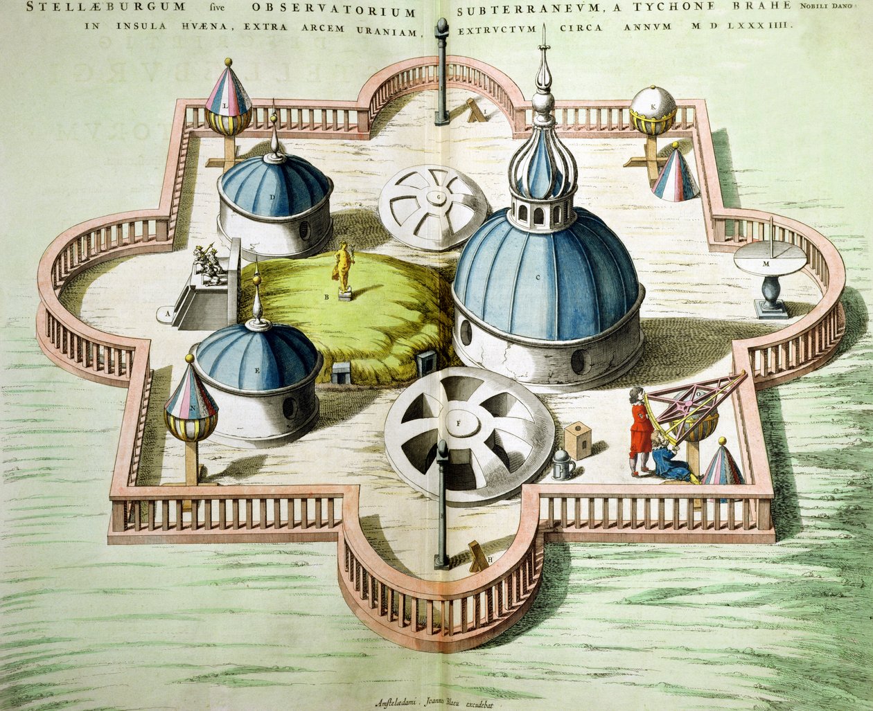 General View of Observatory of Uraniborg, konstruert ca. 1584 av Tycho Brahe (1546-1601) på øya Hven, Danmark fra 'Le Theatre du Monde' eller 'Nouvel Atlas', utgitt i Amsterdam, 1645 (ca. av Joan Blaeu