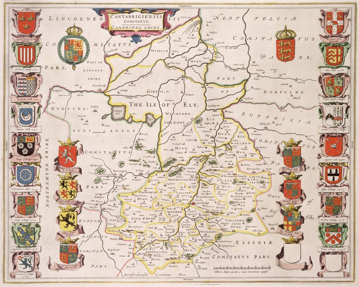 Kart over Cambridgeshire, publisert Amsterdam ca. 1647-48 (håndfarget gravering) av Joan Blaeu