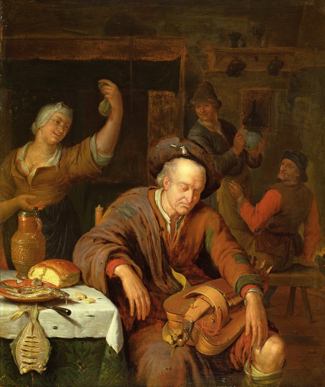 Hurdy Gurdy-spilleren sover i en taverna av Willem Van Mieris