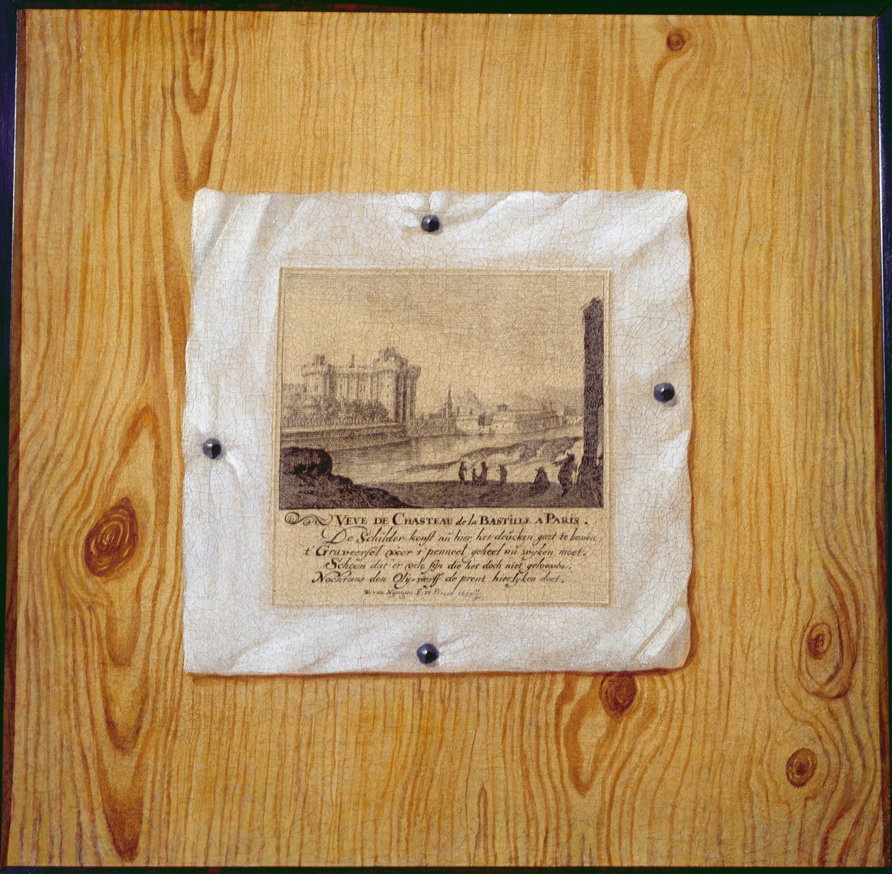 En Trompe LOeil av en gravering av Bastillen, Paris, spikret til en treskillevegg 1679 av Willem van Nijmegen