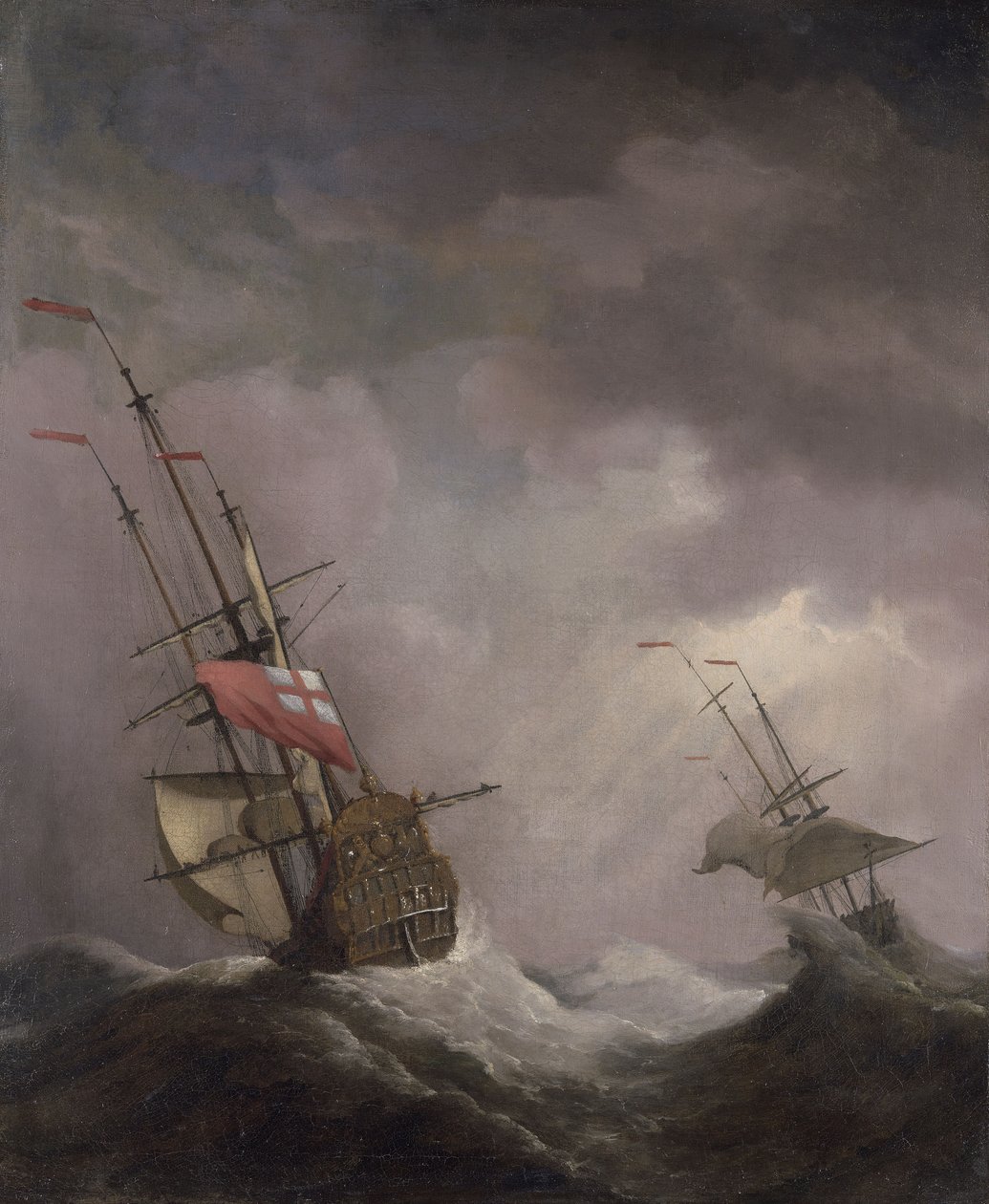 Et engelsk skip til sjøs som kjører i kuling av Willem van de Velde the Younger