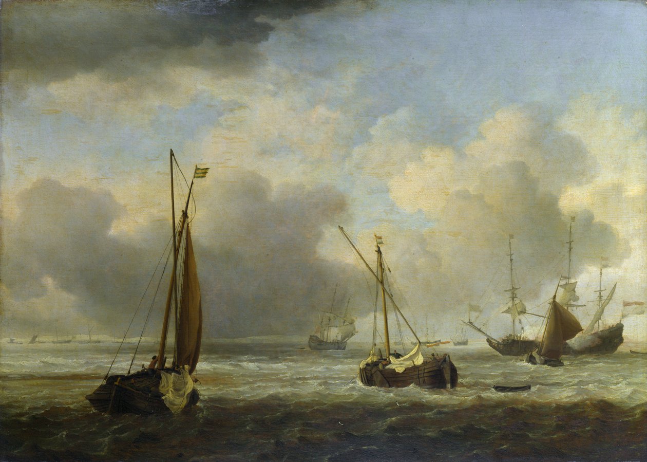 Nederlandsk skip og små fartøy offshore i en bris av Willem van de Velde the Younger