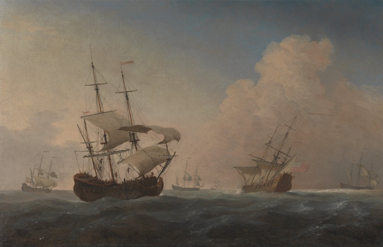 Engelske krigsskip Heeling in the Breeze Offshore av Willem van de Velde the Younger