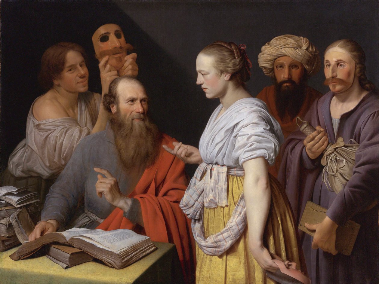 En lærd i studiet med figurer med masker av Willem van der Vliet