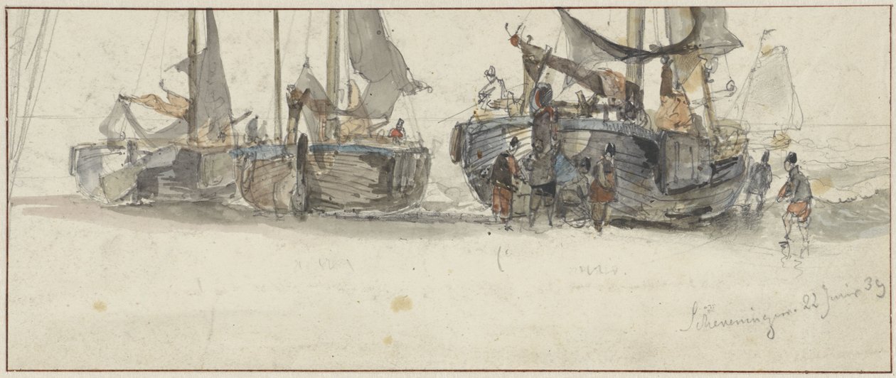 Fiskebåter på stranden i Scheveningen av Willem Roelofs (I)