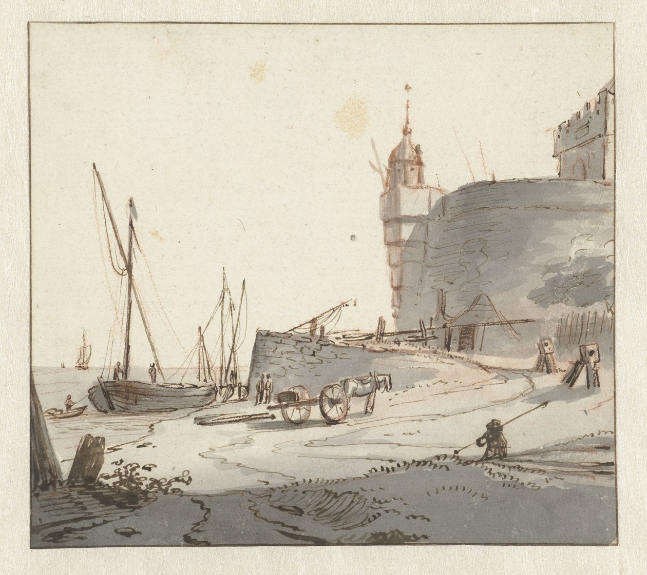 Utsikt over en havn nær en bymur av Willem Schellinks