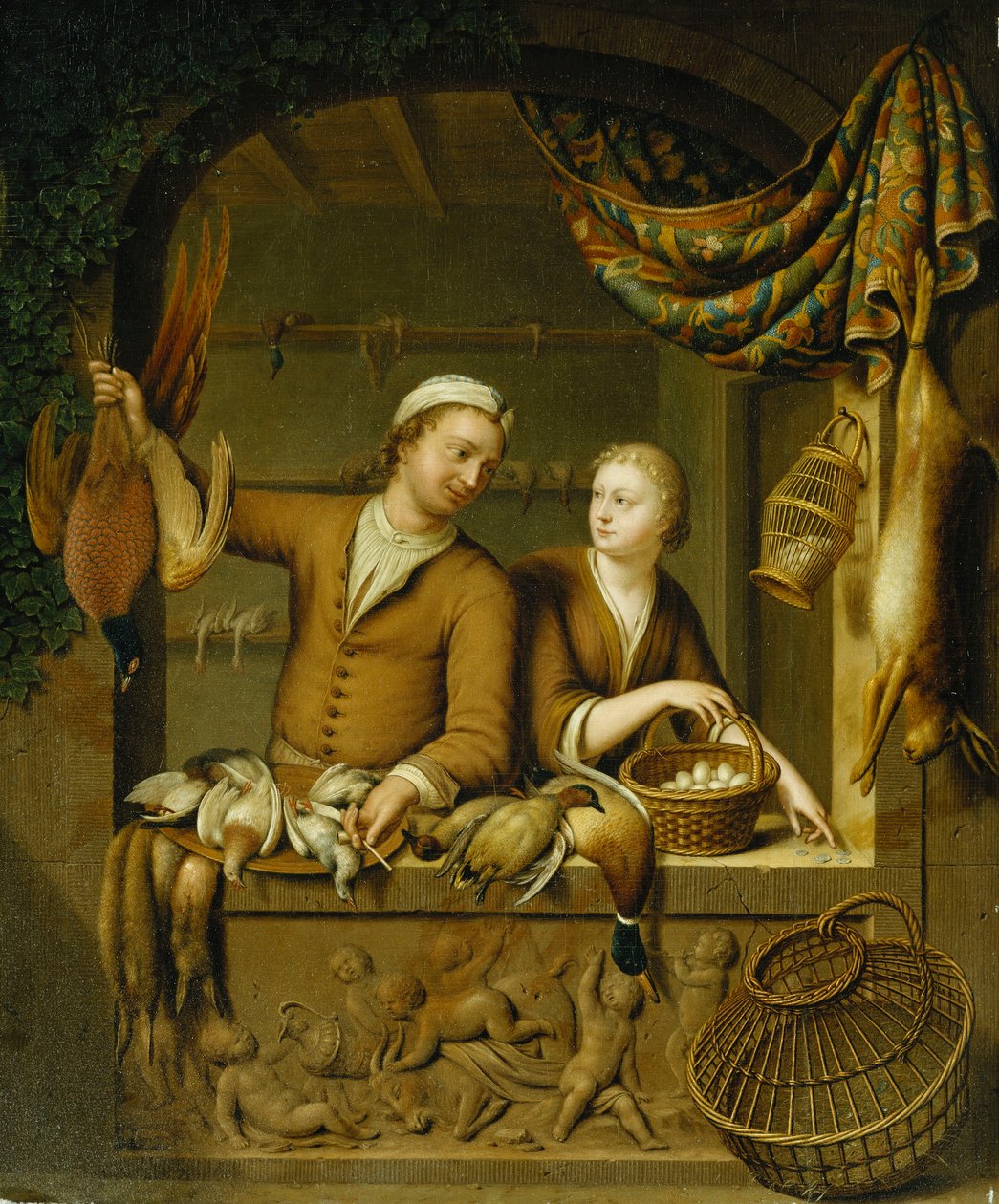 Fjærkreselgerne, 1727 av Willem Van Mieris