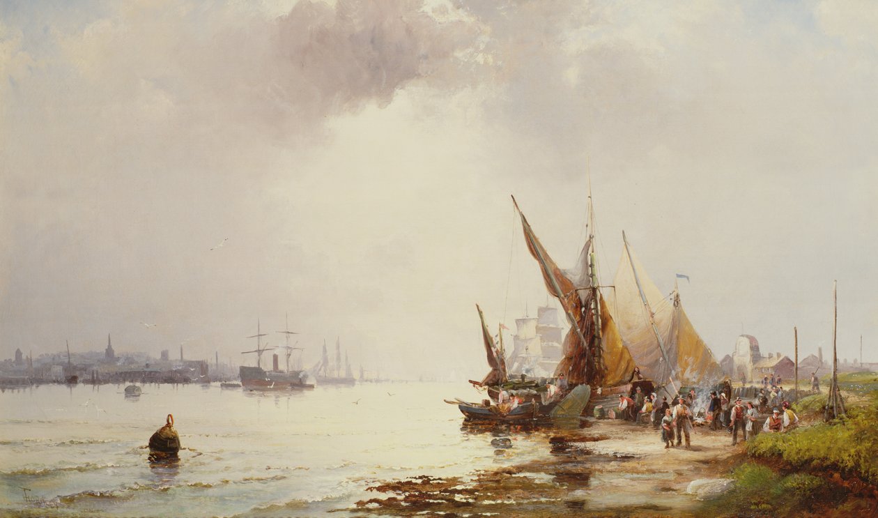 Fiskefolk på kysten i en rolig elvemunning ved daggry, 1800-tallet av William Anslow Thornley