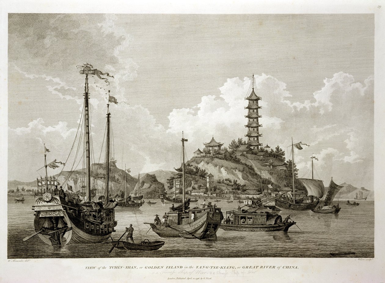 Utsikt over Tchin Shan, eller Golden Island, i Yang-tse Kiang, eller Great River of China, gravert av Wilson, pub. av G. Nicol, 1796 av William Alexander
