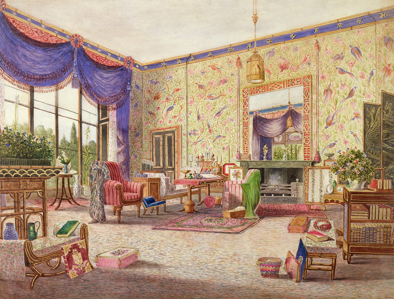 Interiøret i den kinesiske salongen, Middleton Park, Oxfordshire, 1840 (se også 75147) av William Alfred Delamotte
