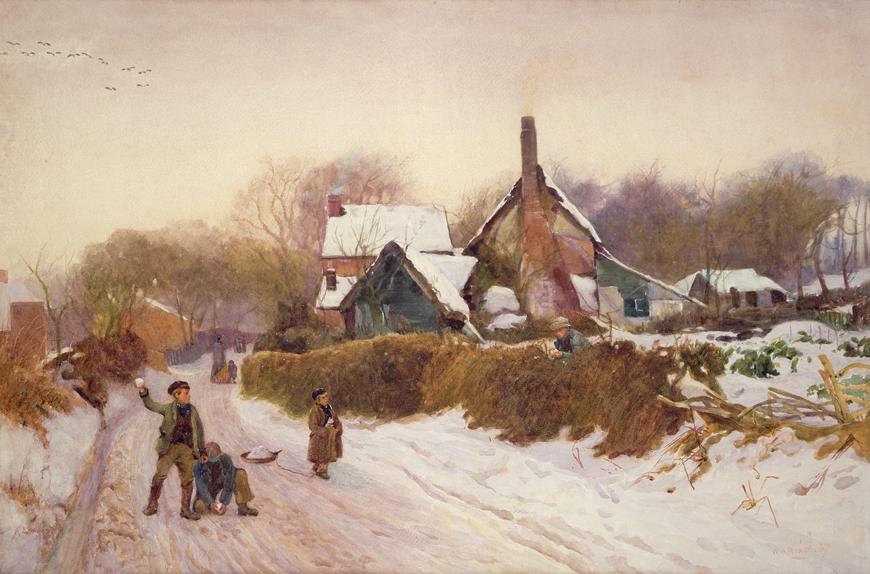 Boys Snowballing at Cookham Dean, 1887 (wc på papir) av William Augustus Rixon