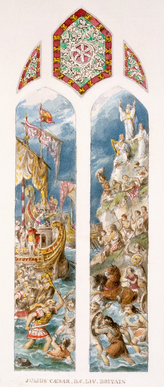 Julius Cæsar ankommer bredden av Storbritannia, 54 f.Kr., i trimarenes, blir angrepet av briter malt i tre, ca. 1880 av William Bell and Boyd, Alice Scott
